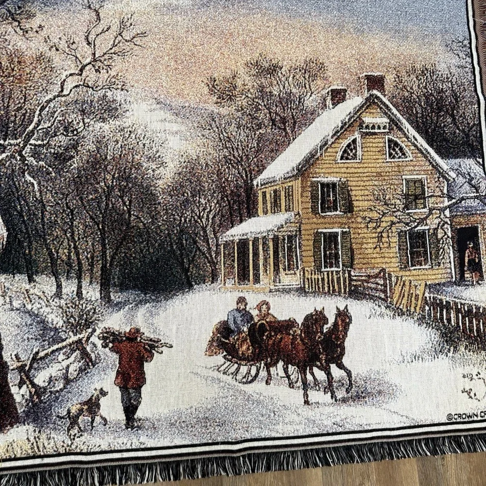 Crown Craft Tapestry Throw Blanket Farmhouse Sleigh Ride 50‎ X 60